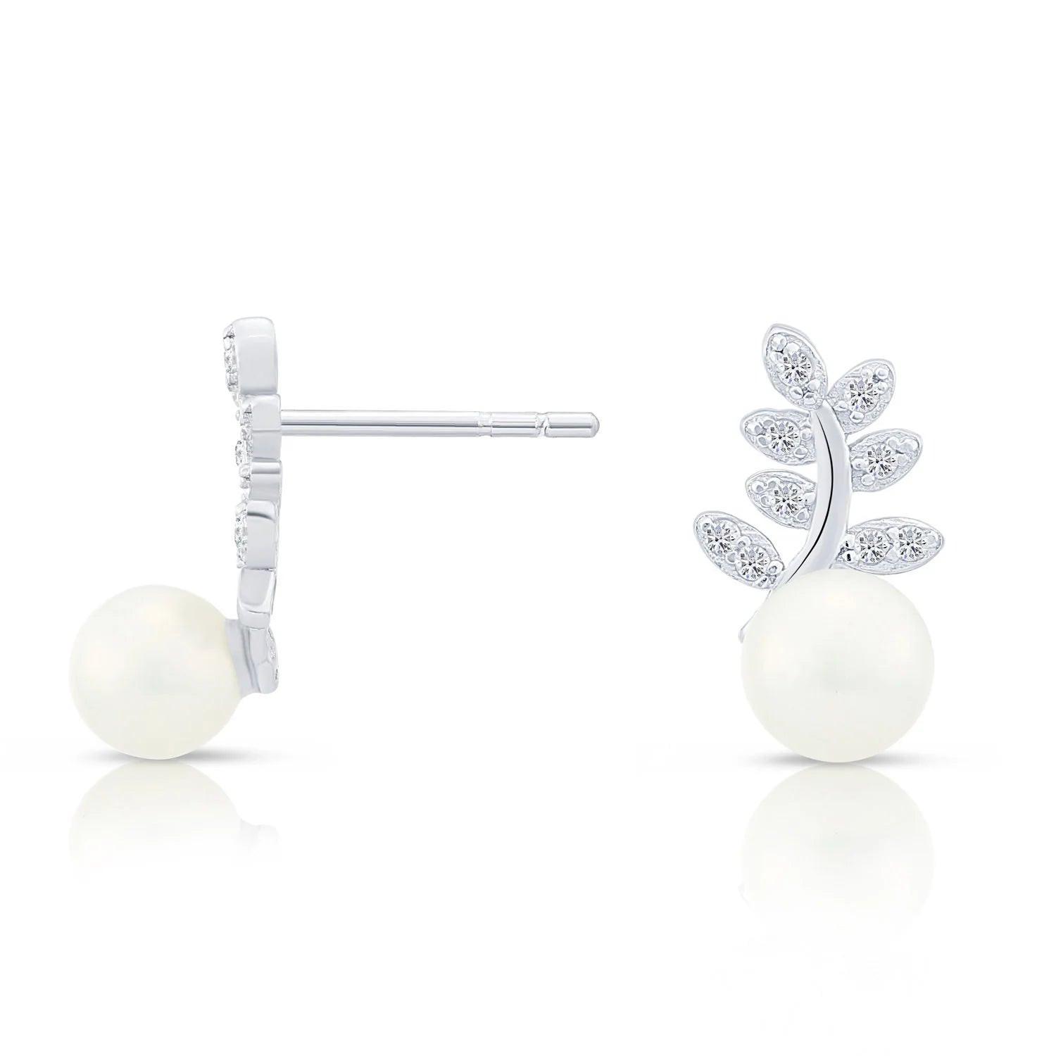 Elegant Sterling Silver CZ Floral Pearl Stud Earrings.