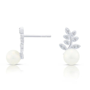 Elegant Sterling Silver CZ Floral Pearl Stud Earrings.