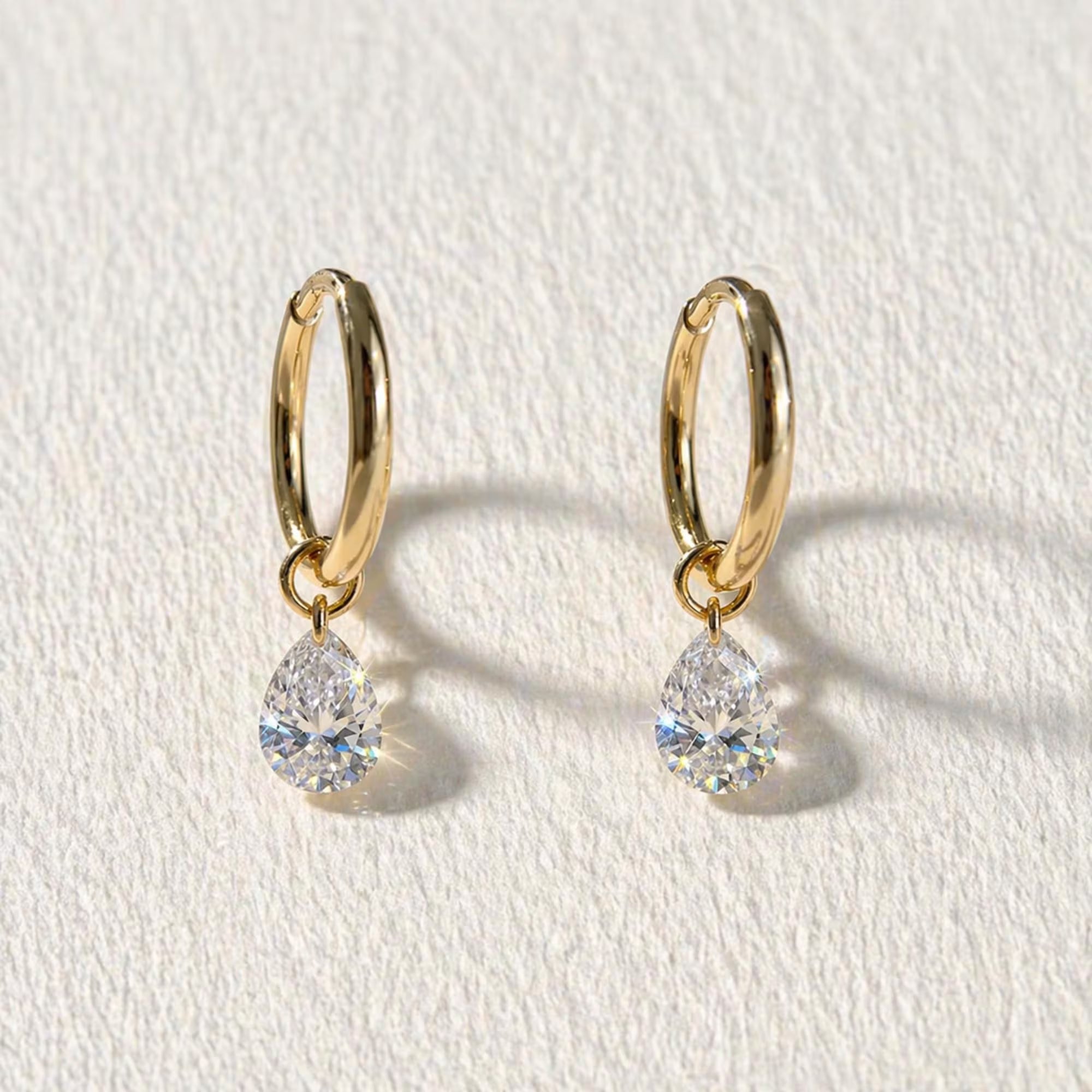 18K Solid Gold Pear Cut Lab Diamond Dangle Huggie Earrings | Minimalist Drop Charm