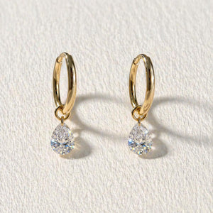 18K Solid Gold Pear Cut Lab Diamond Dangle Huggie Earrings | Minimalist Drop Charm