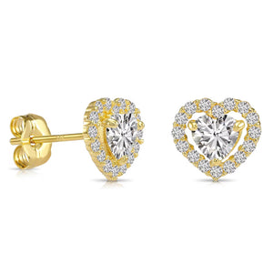 14K Yellow Gold Heart Halo CZ Stud Earrings, with Secure Butterfly Push-Backs, Solid 14K Gold Dainty Heart Studs, by TILO Jewelry