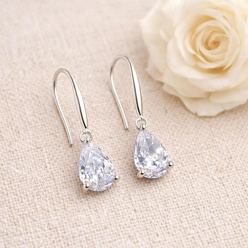 Teardrop Crystal Earrings: Sterling Silver Hooks, CZ Diamond Simulation