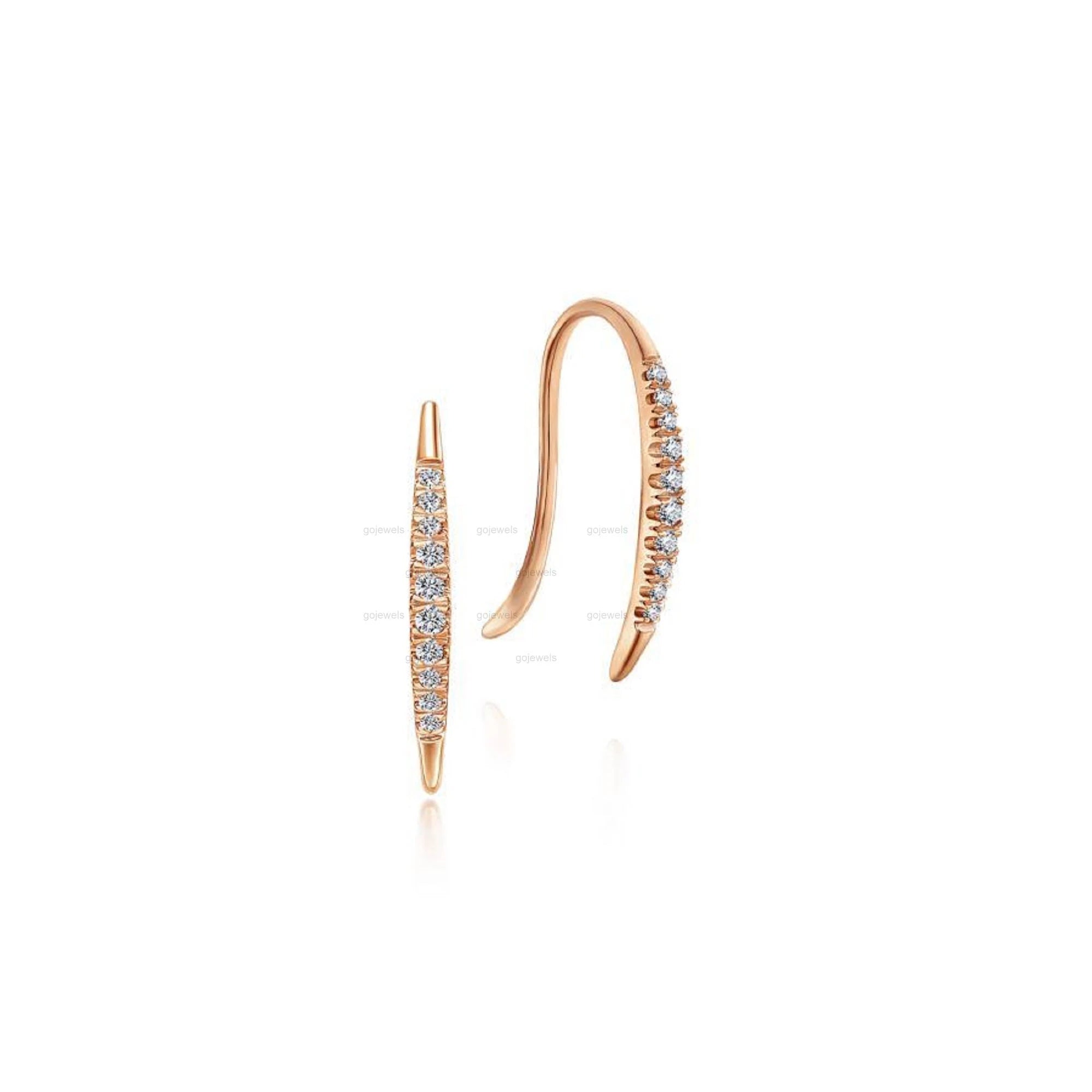 Tapered Moissanite Threader Drop Earrings, 14K Rose Gold Diamond Threader Earrings, Minimalist Threader Hook Earrings Thin Diamond Arc Hoops