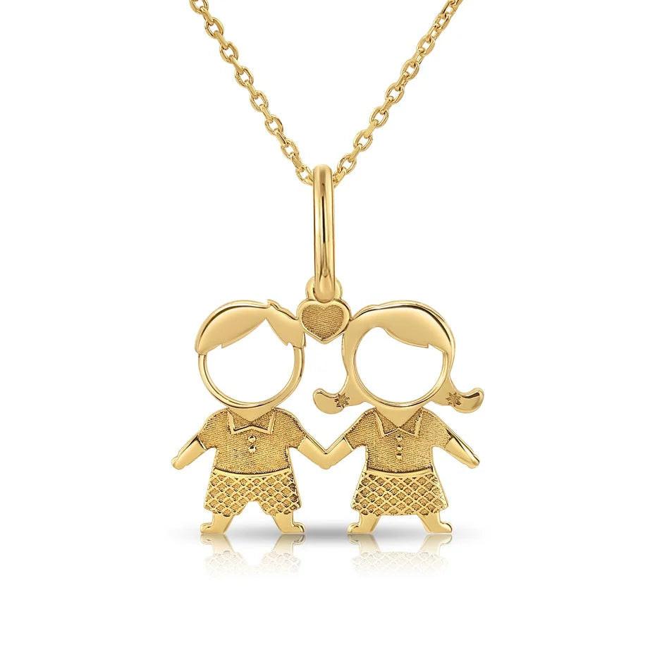 Stunning 14K Yellow Gold Heart Pendant Necklace Featuring Adorable Boy & Girl Design.