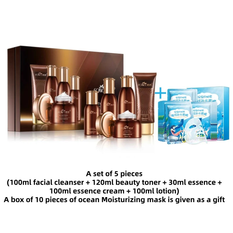 5PCS  Hexapeptide Firming Anti-Aging Beauty Set Contains Facial Cleanser Serum Toner Anti-Wrinkle Cream Women Face Care Kit
