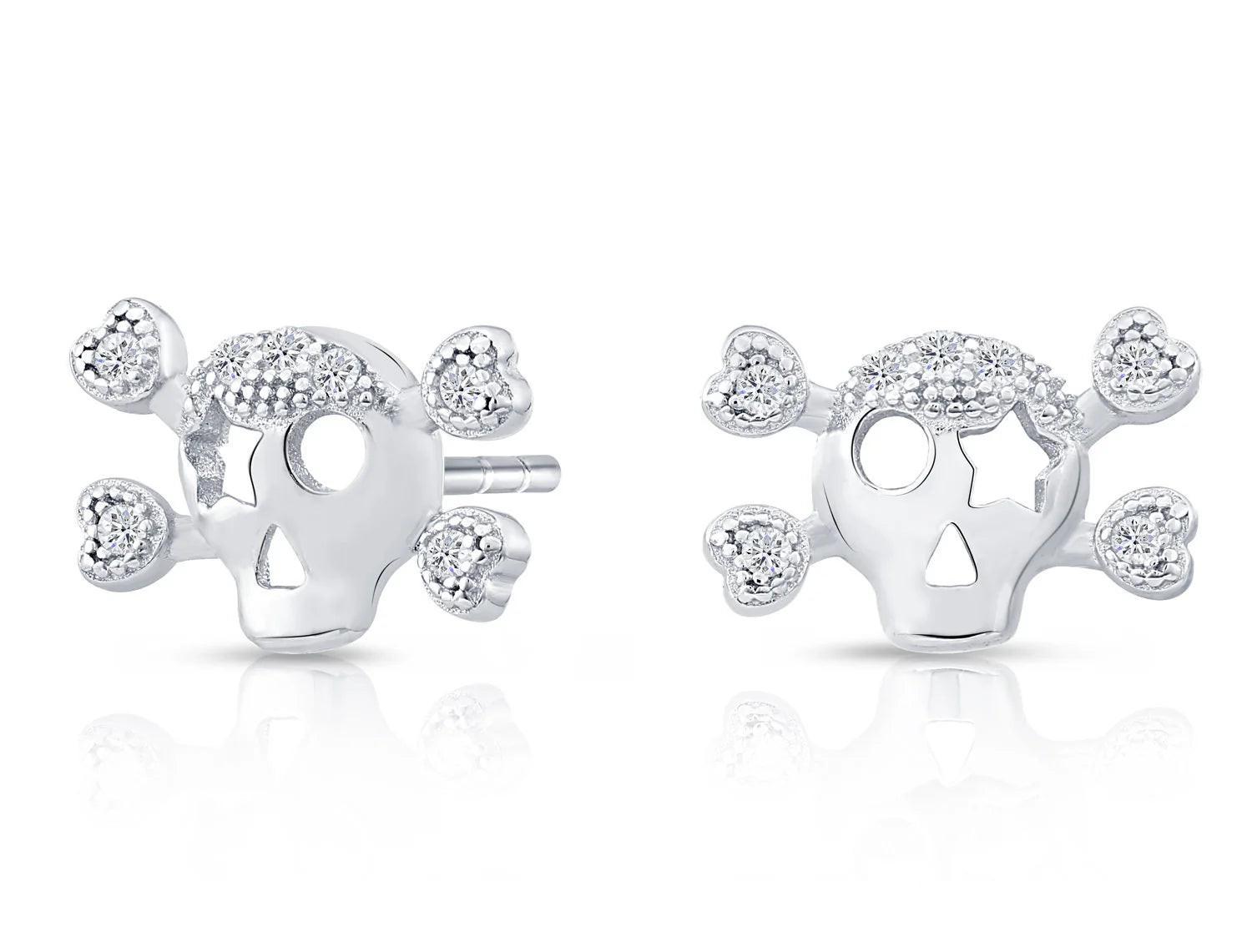 Dazzling CZ Skull and Bones Sterling Silver Stud Earrings.