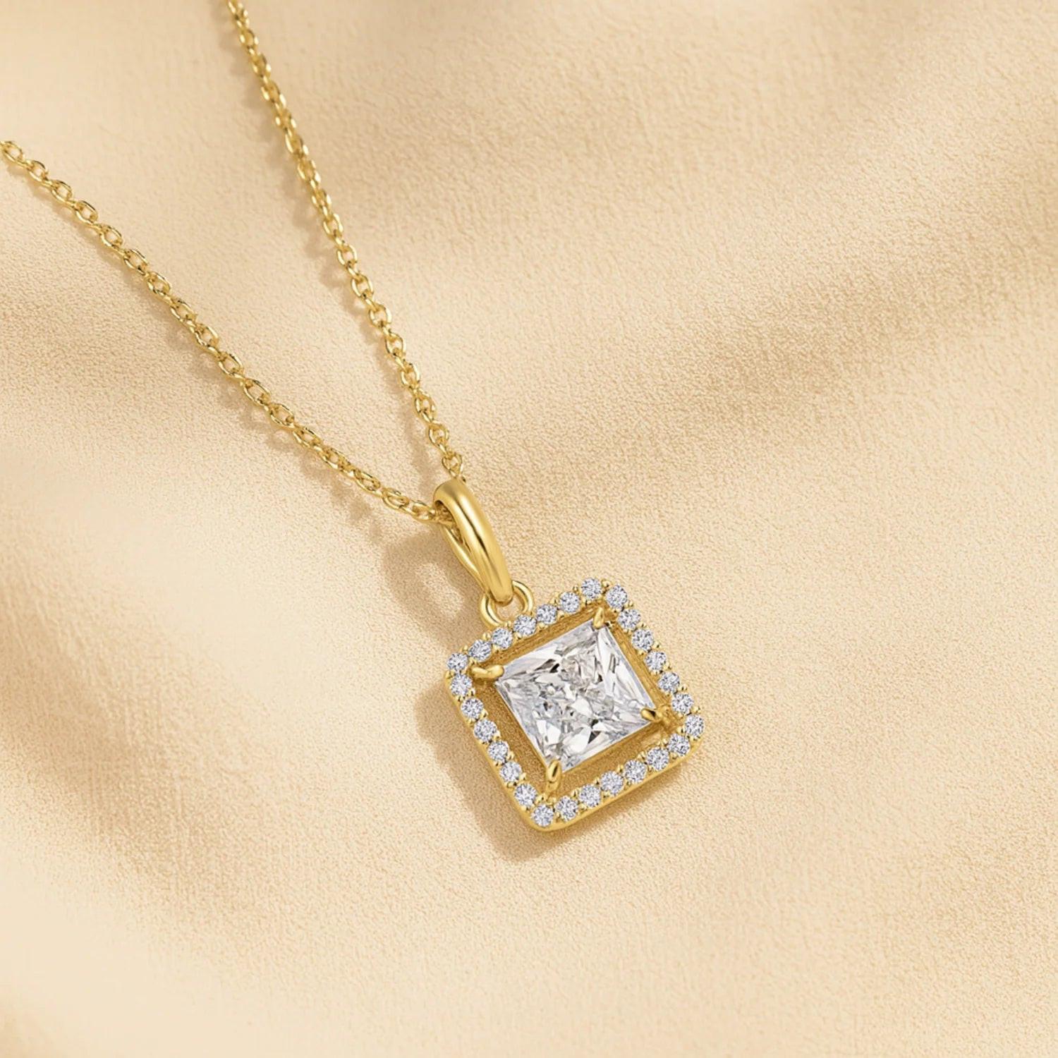 Stunning 14K Yellow Gold Princess-Cut Halo Pendant Necklace.