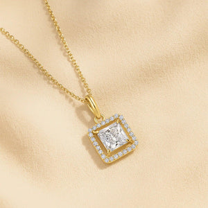 Stunning 14K Yellow Gold Princess-Cut Halo Pendant Necklace.