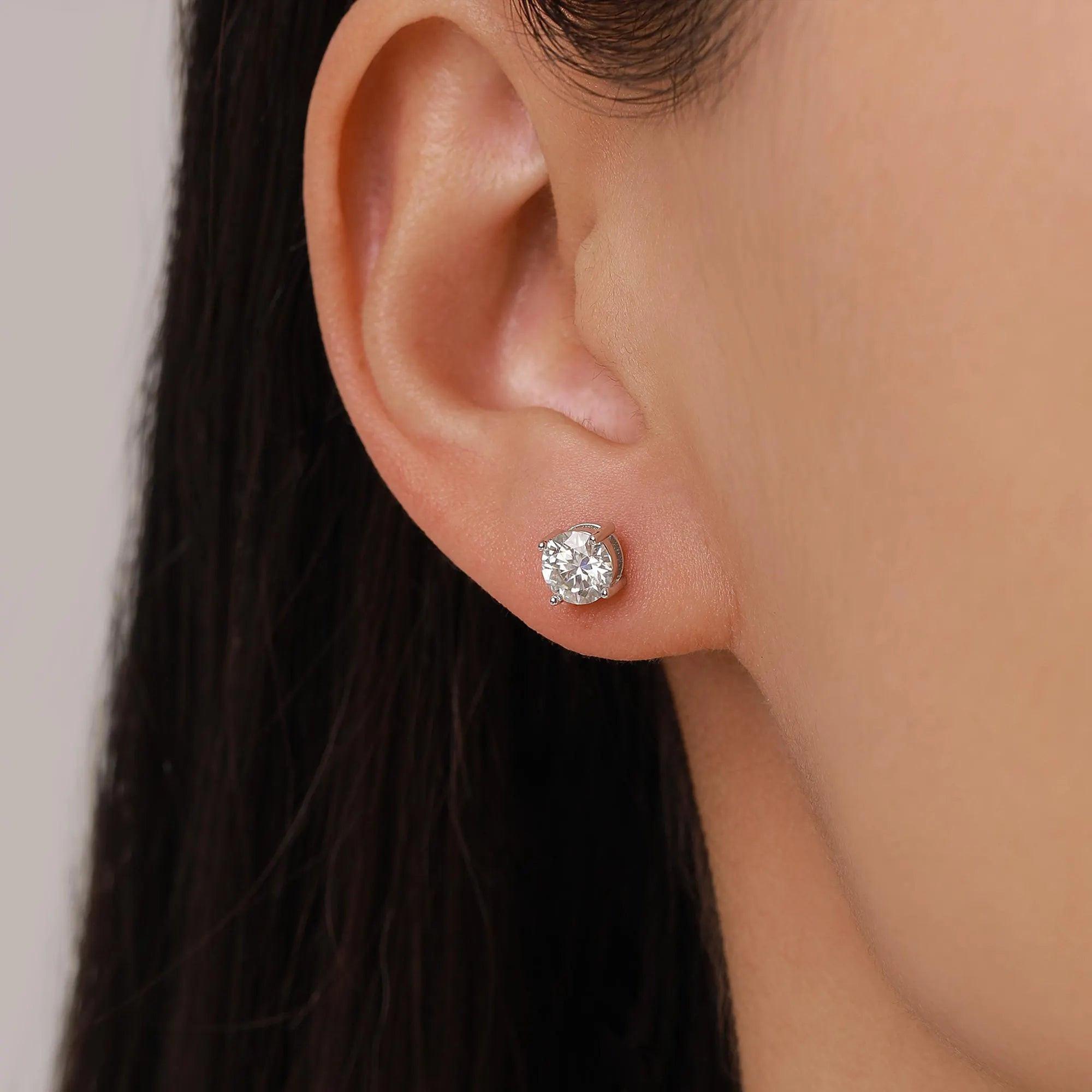 Moissanite Stud Earrings Sterling Silver – 4 Prong Set, Butterfly or Screw Backs, 3–6mm, Silver or Gold.