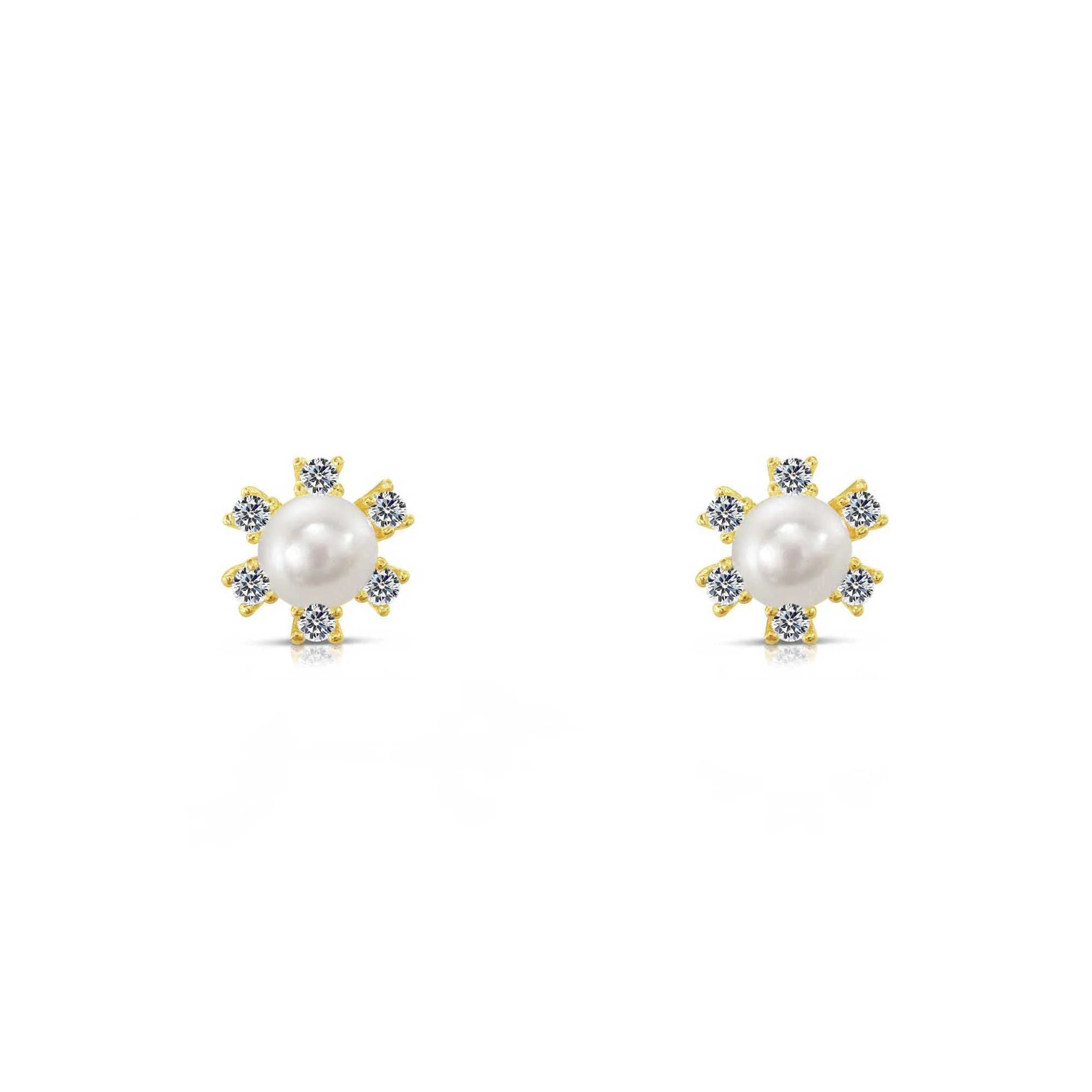10K Yellow Gold Tiny Flower and Pearl Stud Earrings