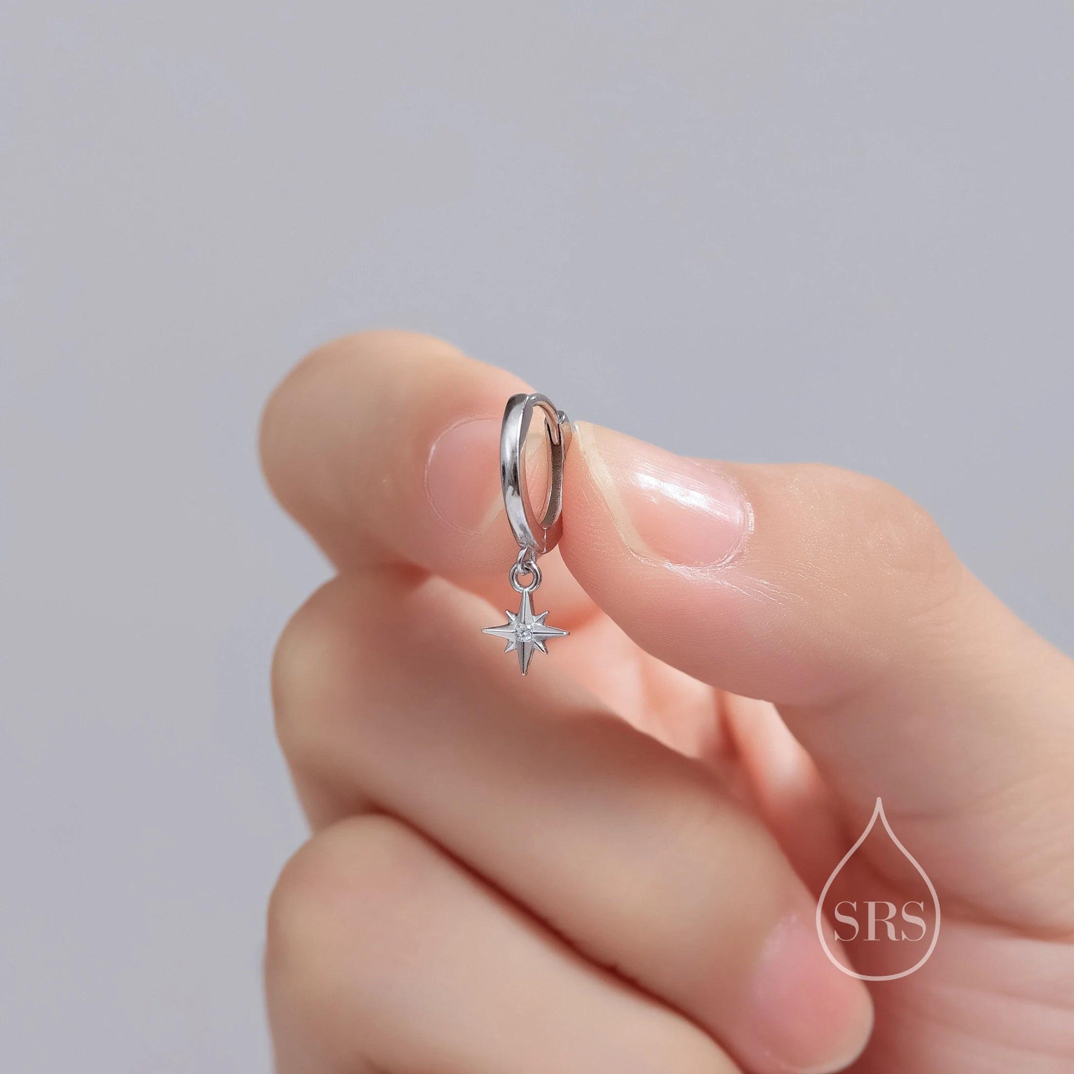 Dazzling 925 Sterling Silver Tiny CZ Starburst Huggie Hoop Earrings in Silver, Gold, or Rose Gold.