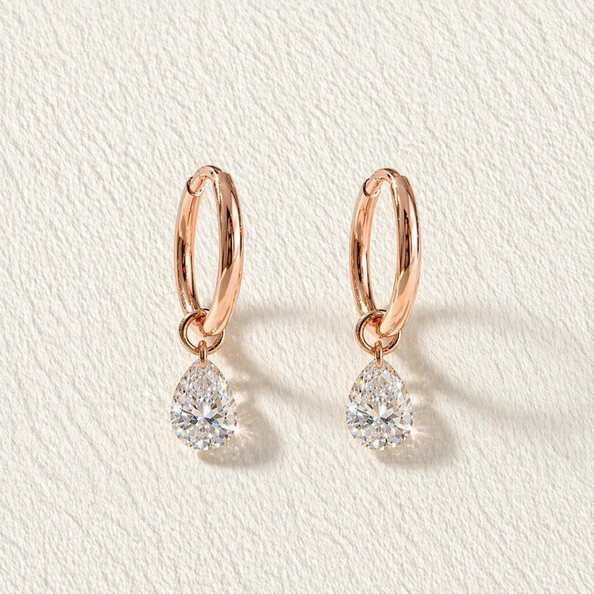 18K Solid Gold Pear Cut Lab Diamond Dangle Huggie Earrings | Minimalist Drop Charm