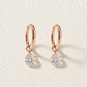 18K Solid Gold Pear Cut Lab Diamond Dangle Huggie Earrings | Minimalist Drop Charm