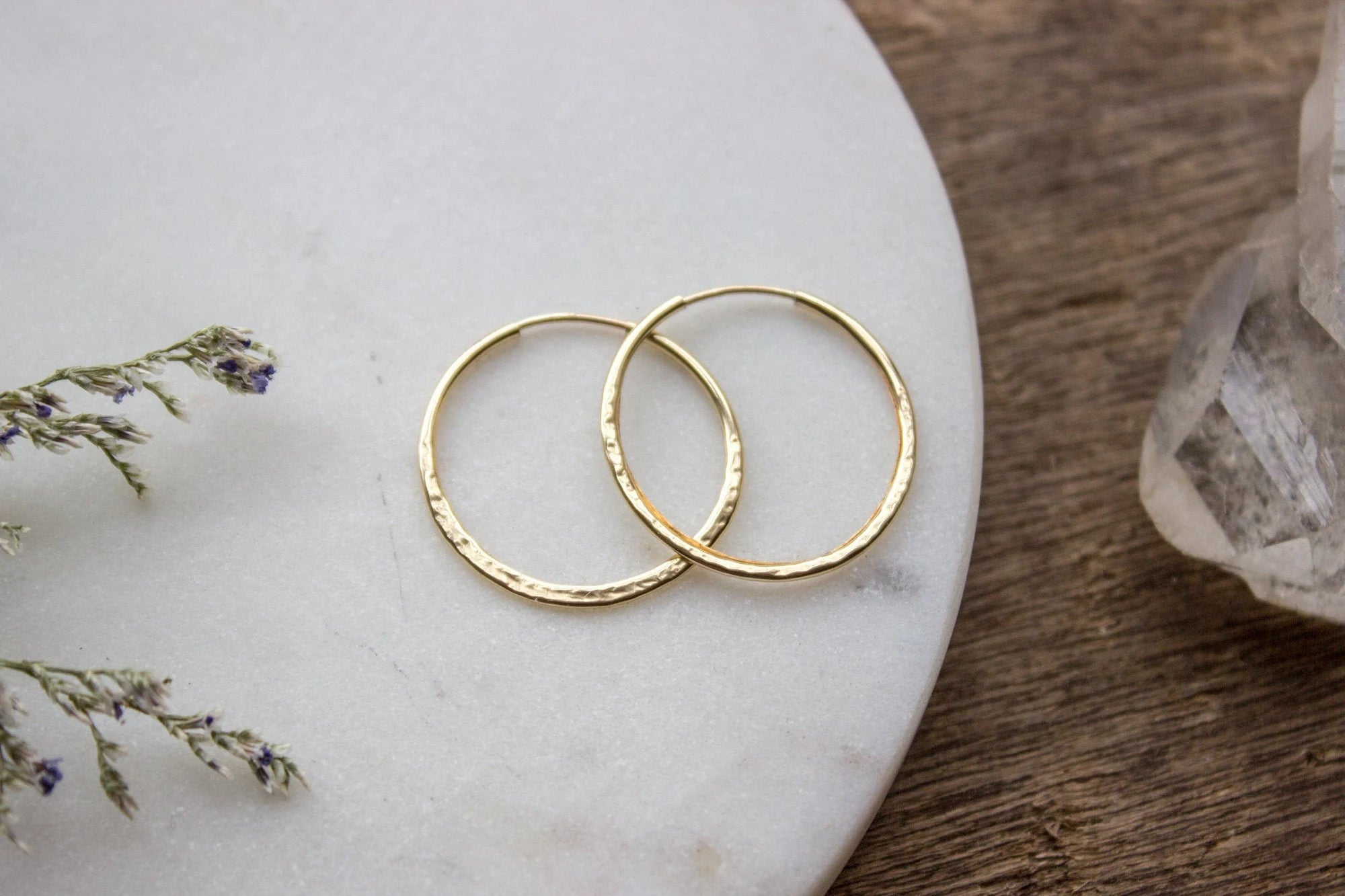 Hammered Gold Hoop Earrings, Textured Small Gold Earring Hoops, Medium 14K Gold Filled Simple Hoops, Hand Forged 25Mm - #04AE-05-043