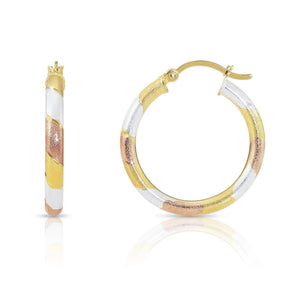 Trendy Tricolor Sterling Silver Diamond-Cut Hoop Earrings - 1 Inch Textured Sparkle Design.