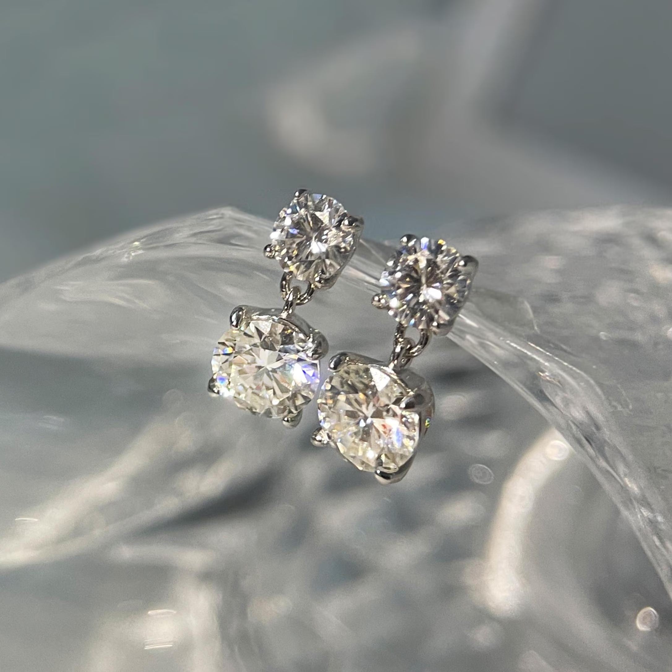 Genuine Moissanite Double Drop Earrings: Platinum Overlay Sterling Silver
