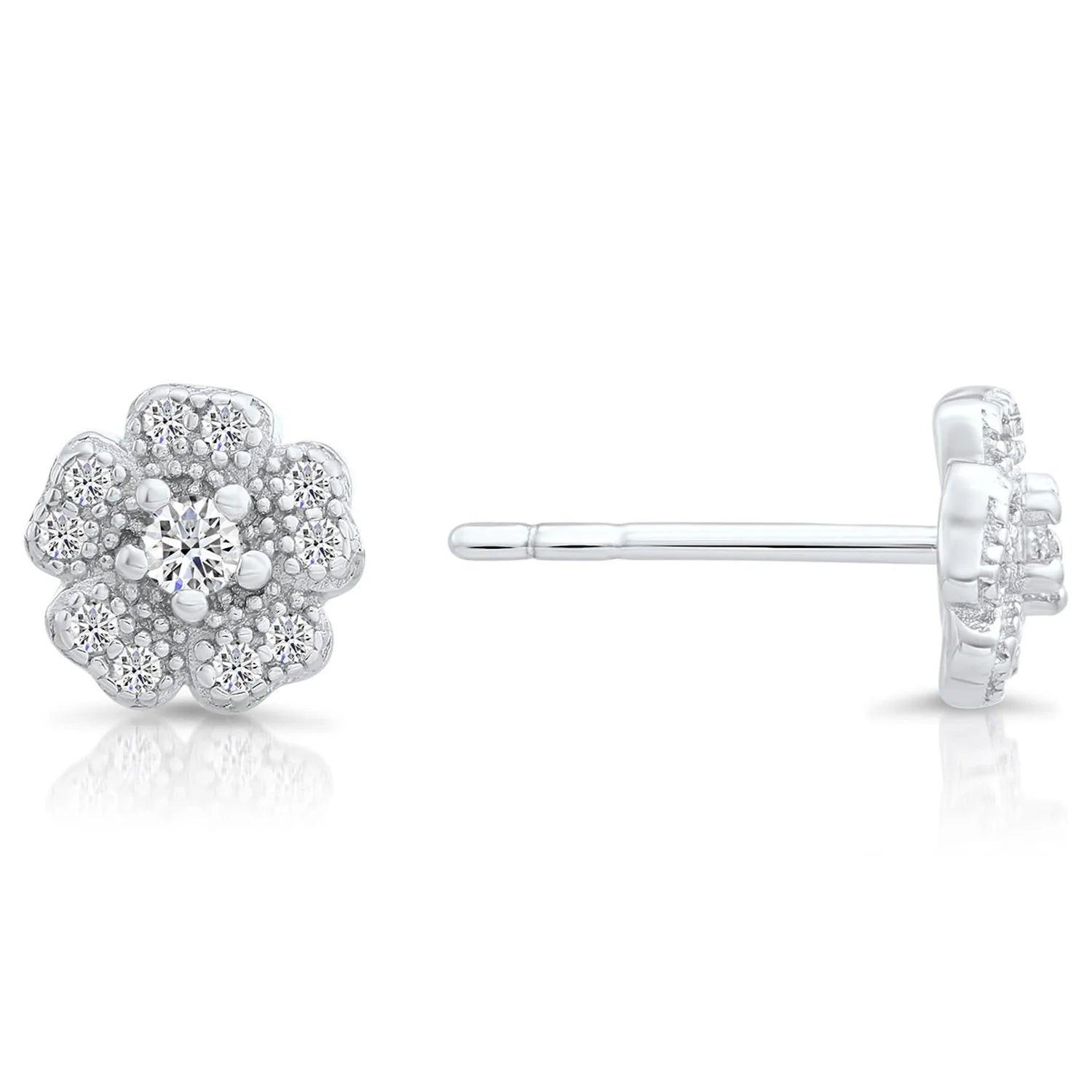 Elegant CZ Flower Stud Earrings in Sterling Silver - Timeless Sparkle for Any Occasion.