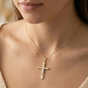 Stunning 14K Two-Tone Gold Jesus Crucifix Pendant Necklace with 18" Cable Chain.