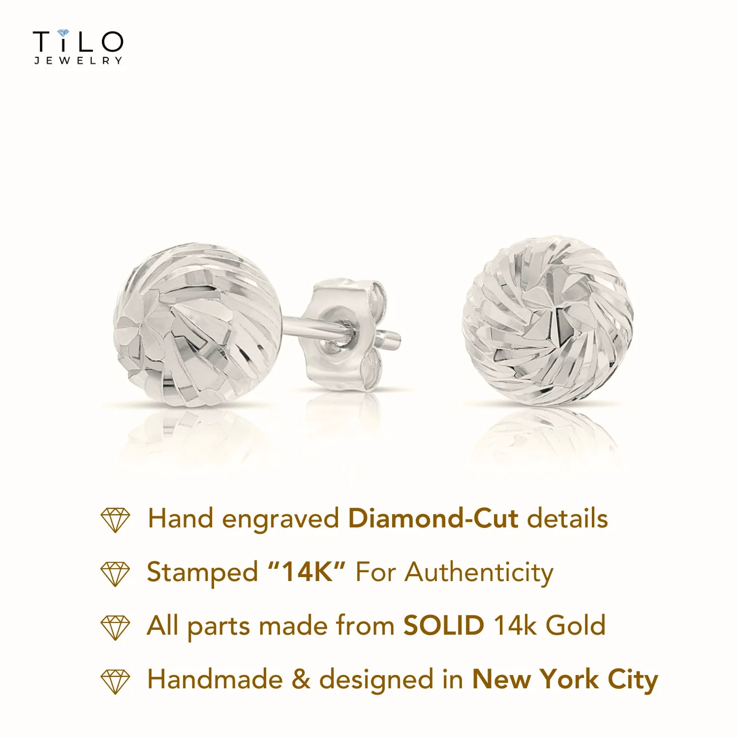 14K White Gold Ball Studs with Hand Engraved Spiral Design