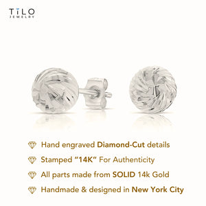 14K White Gold Ball Studs with Hand Engraved Spiral Design