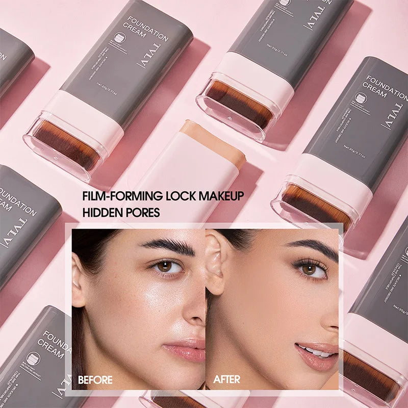 Concealing Foundation Stick 5 Shades with Built-In Brush, Brighten Lightweight and Waterproof Formula Face Contour Stick Makeup