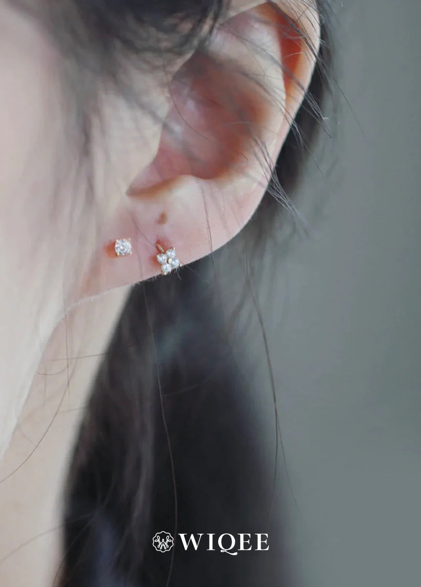 9K Solid Gold Flower Hoop Earrings, CZ Diamond Huggie Earrings