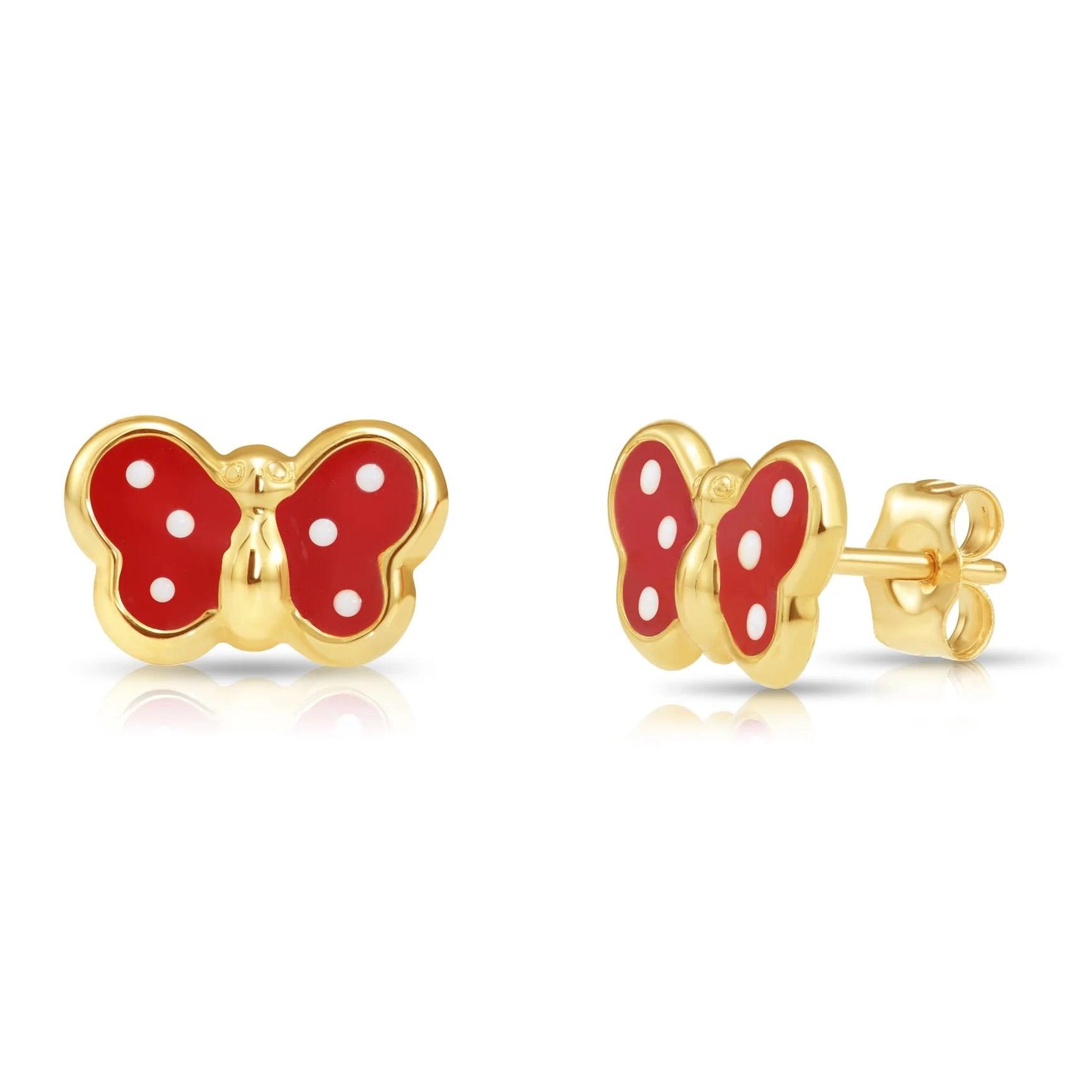 Stunning 14K Yellow Gold Butterfly Poke-A-Dot Enamel Stud Earrings with Pushback Closure.