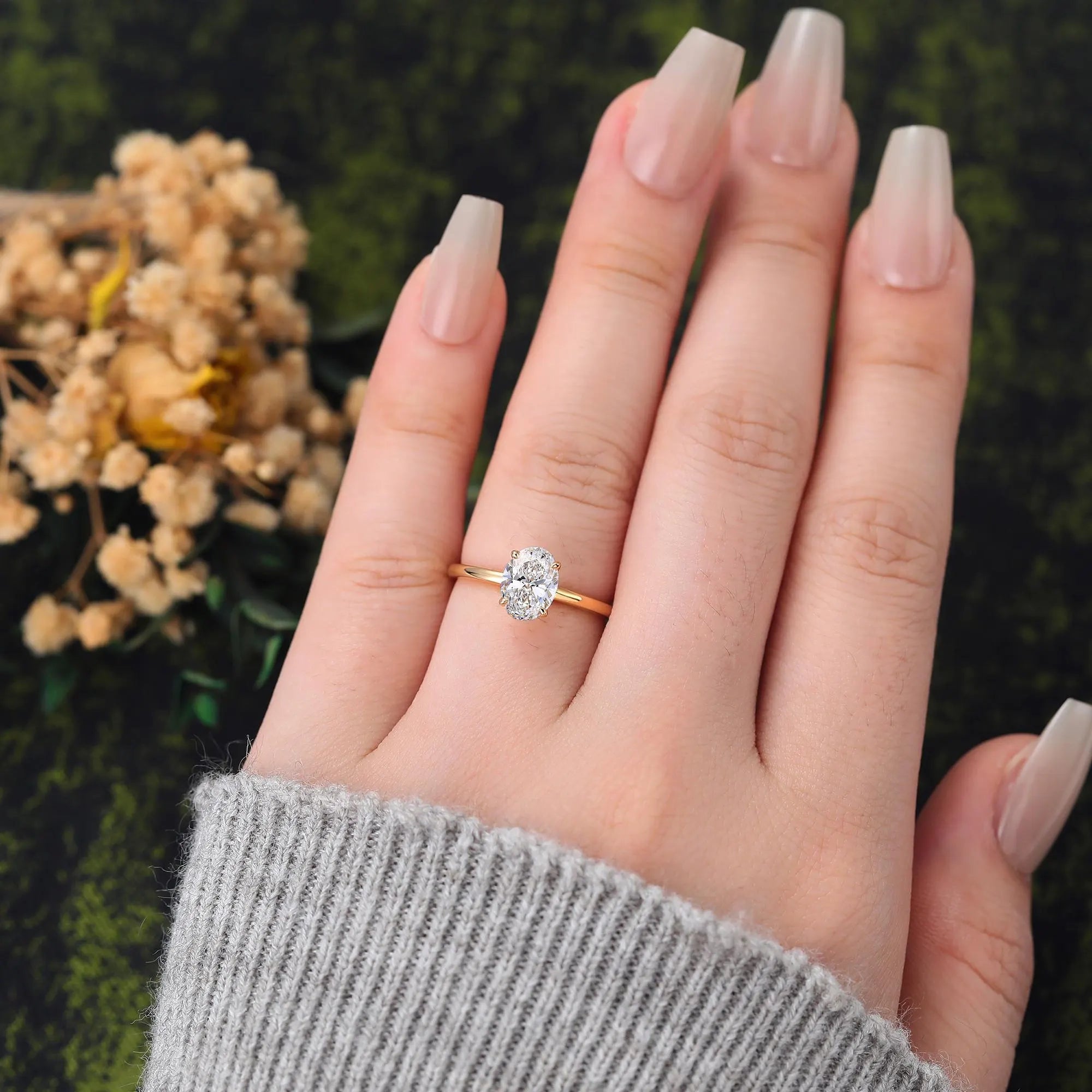 Oval Cut 1.5Ctw Lab Diamond Solitaire Ring - Yellow Gold Engagement
