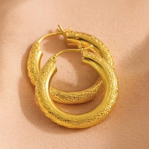 14K Yellow Gold Tornado Hoop Earrings, Bold 4Mm Chunky Gold Hoops, TILO Special Hand Engraved Designer Hoops, 1 Inch Hoops