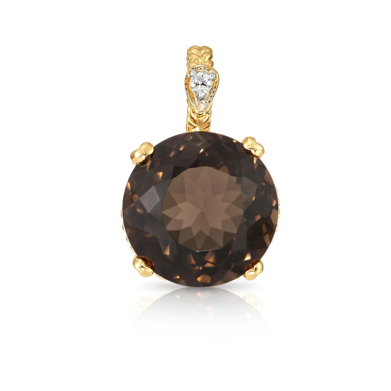 Elegant 14K Yellow Gold Smoky Quartz and Diamond Pendant Necklace.