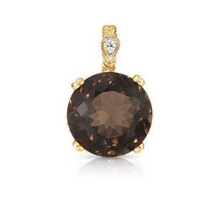 Elegant 14K Yellow Gold Smoky Quartz and Diamond Pendant Necklace.