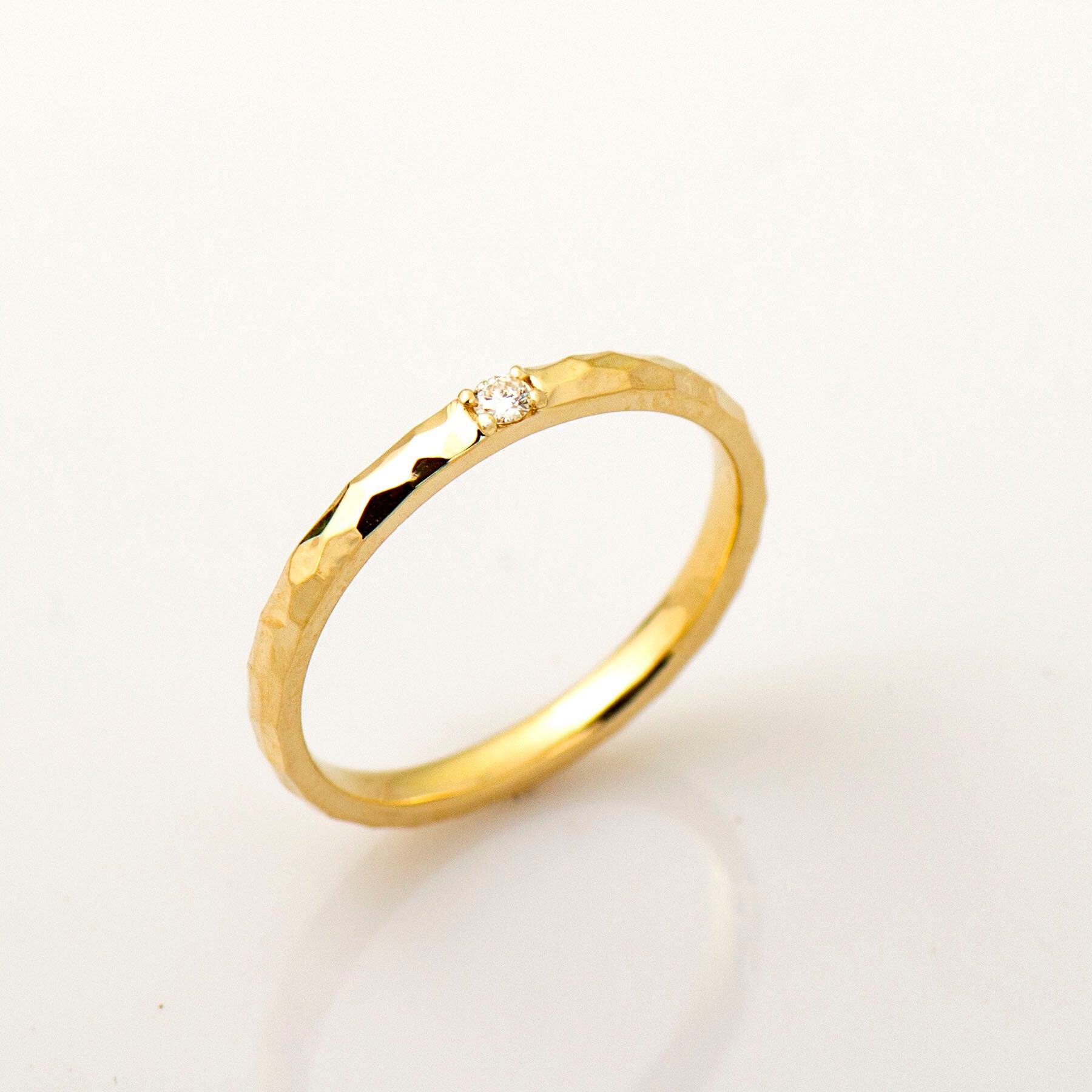 2 Mm Hammered Textured Ring, Single Diamond Ring, 14K / 18K Yellow Gold, Stack Diamond Band, Tiny Diamond Ring, Wedding Band, Promise Ring
