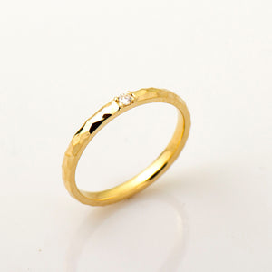2 Mm Hammered Textured Ring, Single Diamond Ring, 14K / 18K Yellow Gold, Stack Diamond Band, Tiny Diamond Ring, Wedding Band, Promise Ring