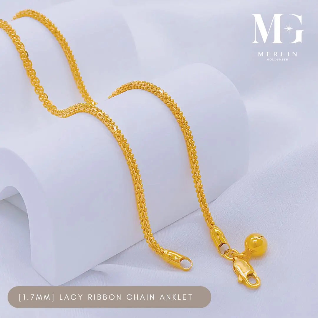 22K 916 Gold (1.7Mm) Lacy Ribbon Chain Anklet with Dangle Bell