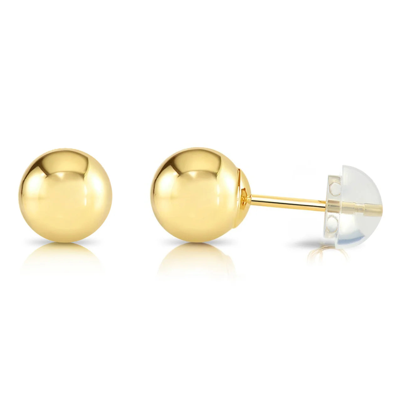 14K Yellow Gold Ball Stud Earrings, Silicone Covered Gold Push Backings (Unisex)