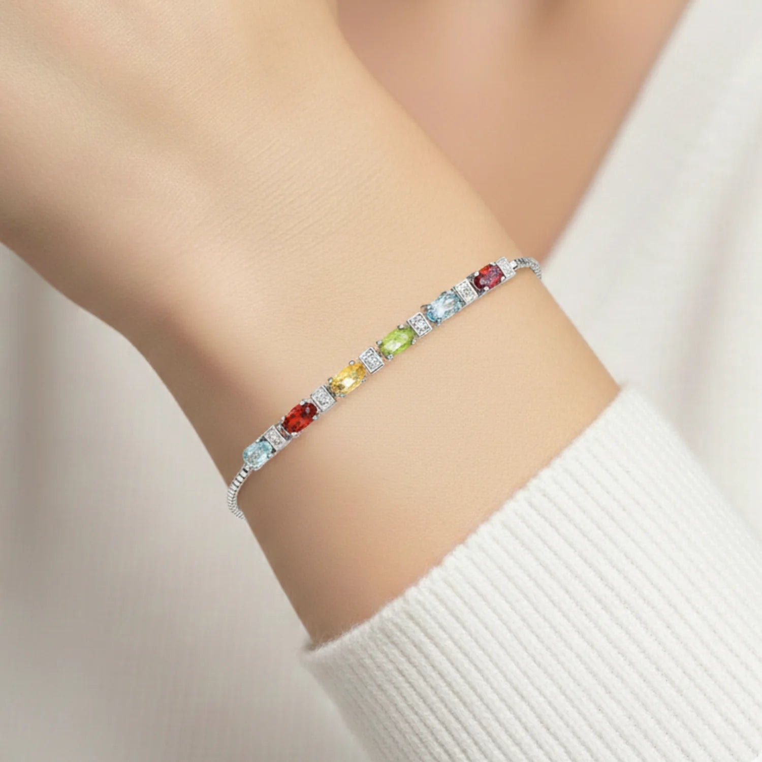 Sterling Silver Multicolor Rainbow CZ Bracelet, Adjustable Length