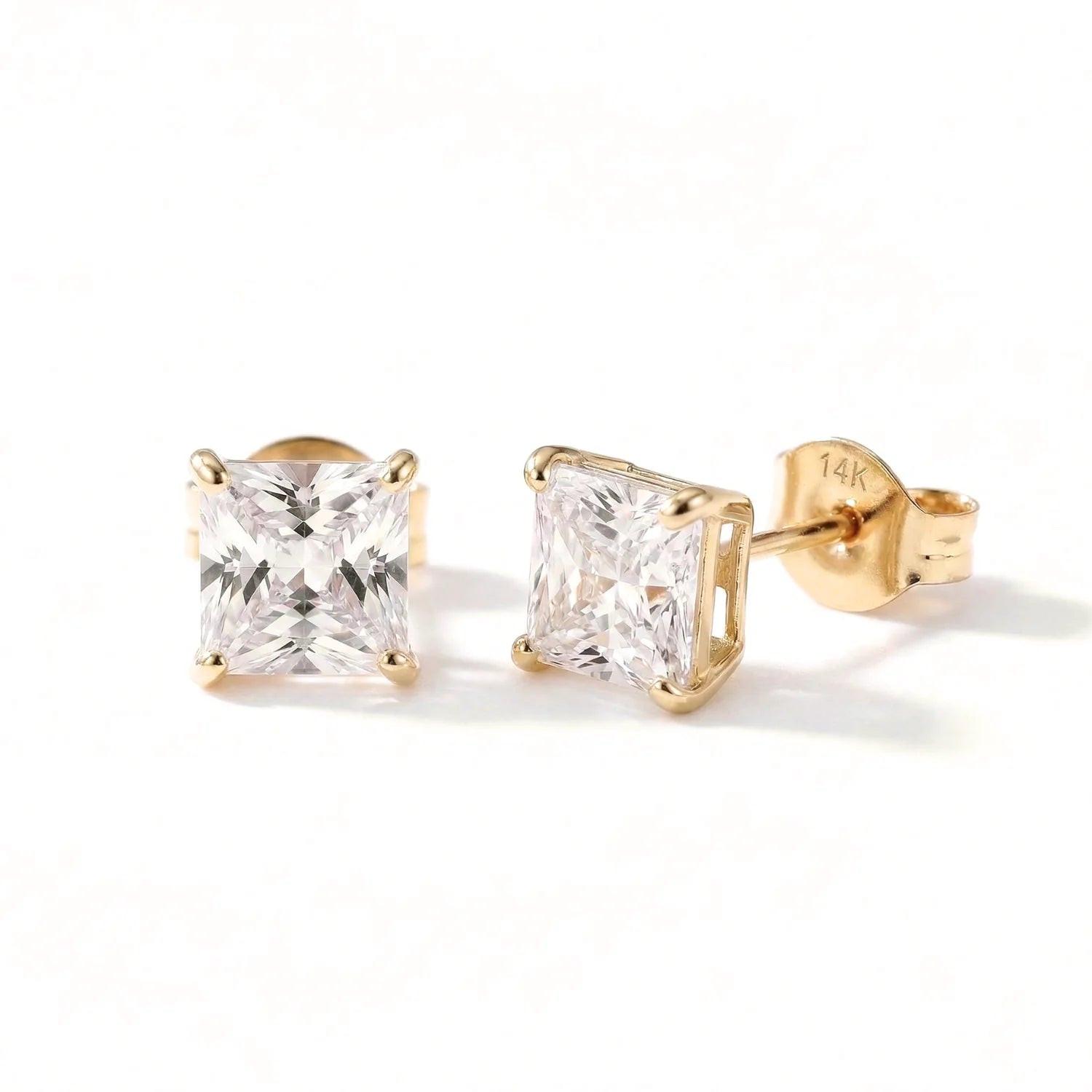 Stunning 14K Yellow Gold Square Zirconia Stud Earrings with Secure Butterfly Pushbacks - Unisex Style.