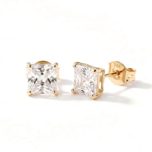 Stunning 14K Yellow Gold Square Zirconia Stud Earrings with Secure Butterfly Pushbacks - Unisex Style.