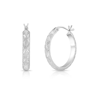 Elegant 925 Sterling Silver Hand Engraved Diamond Cut Hoop Earrings.