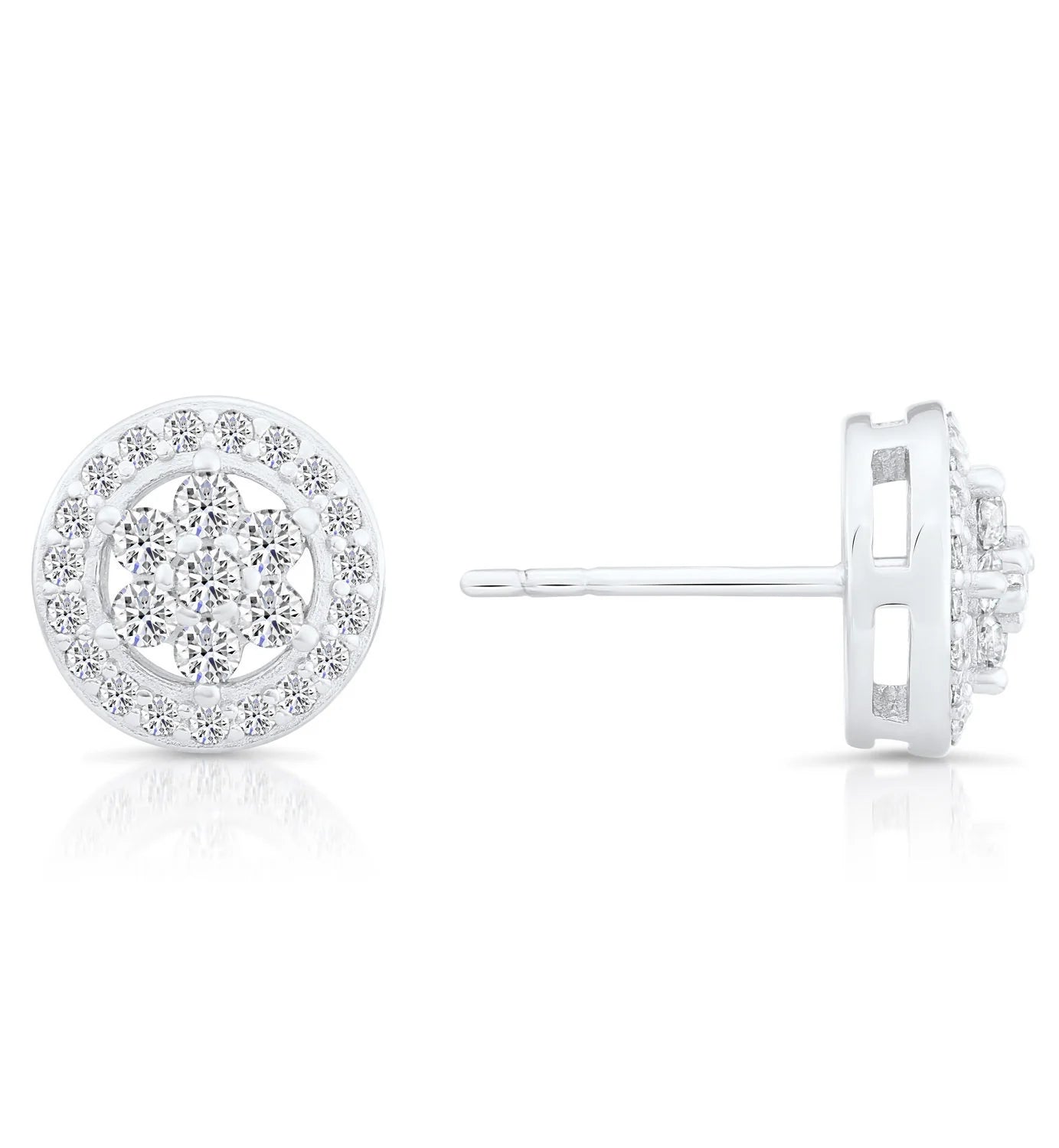 CZ Halo Flower Stud Earrings, 1974 in Sterling Silver