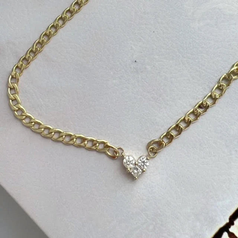 Gold Choker Necklace with Heart Shape Diamond Pendant, Three Lab Grown Diamonds Became into a Beautiful Heart Pendant in 14K Yellow Gold
