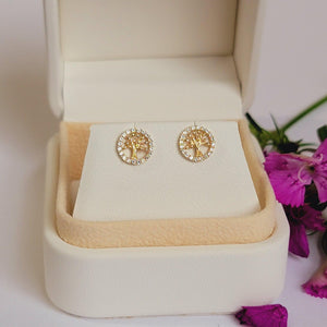 14K Gold Diamond Tree of Life Earrings – Elegant and Meaningful Studs for Everyday Luxury and Special Occasions.