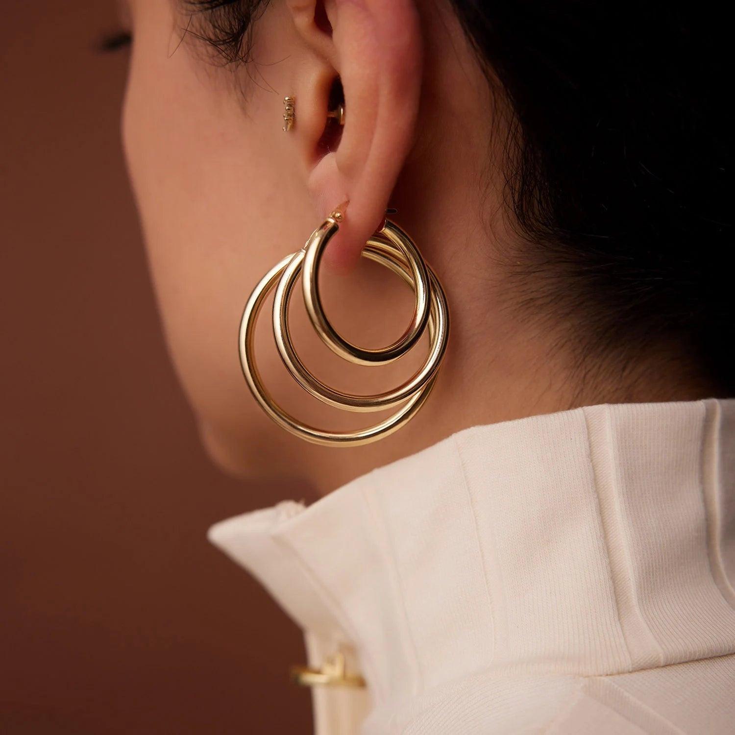Luxurious 14K Gold Thick 3mm Waterproof Hoop Earrings for Everyday Elegance.