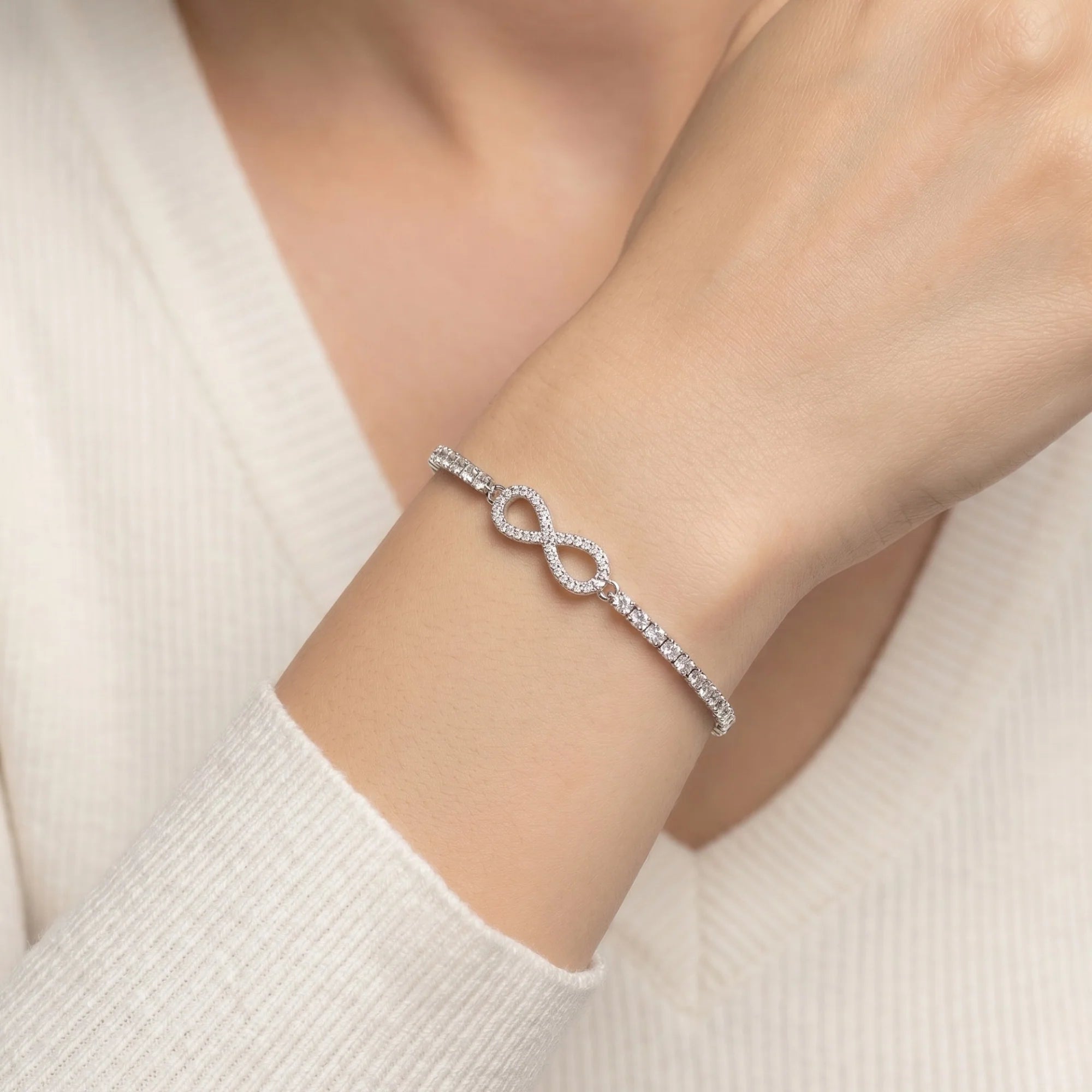 Sterling Silver Infinity Love Bracelet with Cubic Zirconia, Adjustable 6 Inches - 9 Inches