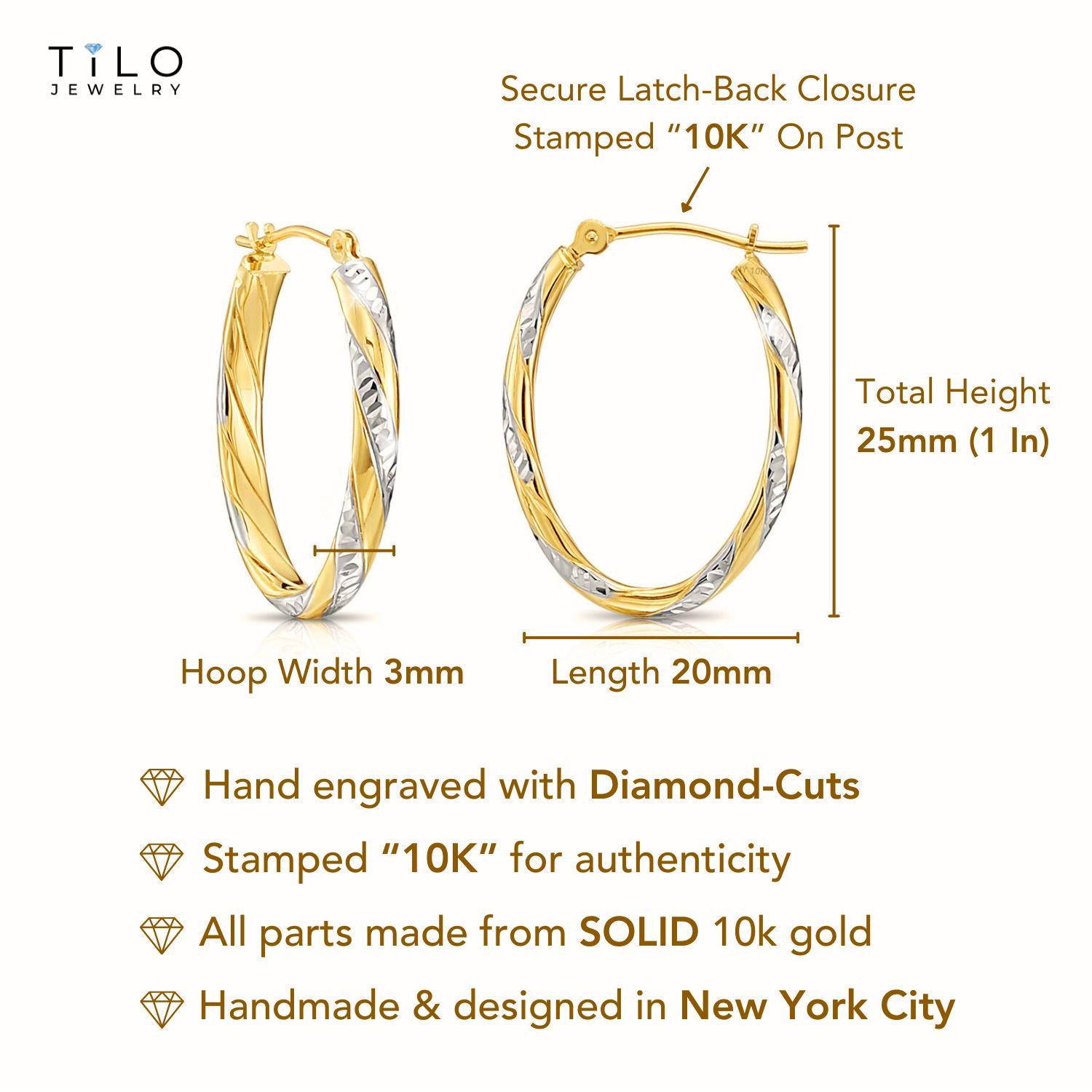 10K Gold Two-Tone Twisted Oval Hoop Earrings, Hand Engraved Diamond-Cuts, 1 Inch (25Mm) Hoops, Made by TILO Jewelry