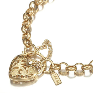 18K Solid Yellow Gold Belcher Bracelet with Filigree Heart Padlock – Elegant Women’s Jewelry.