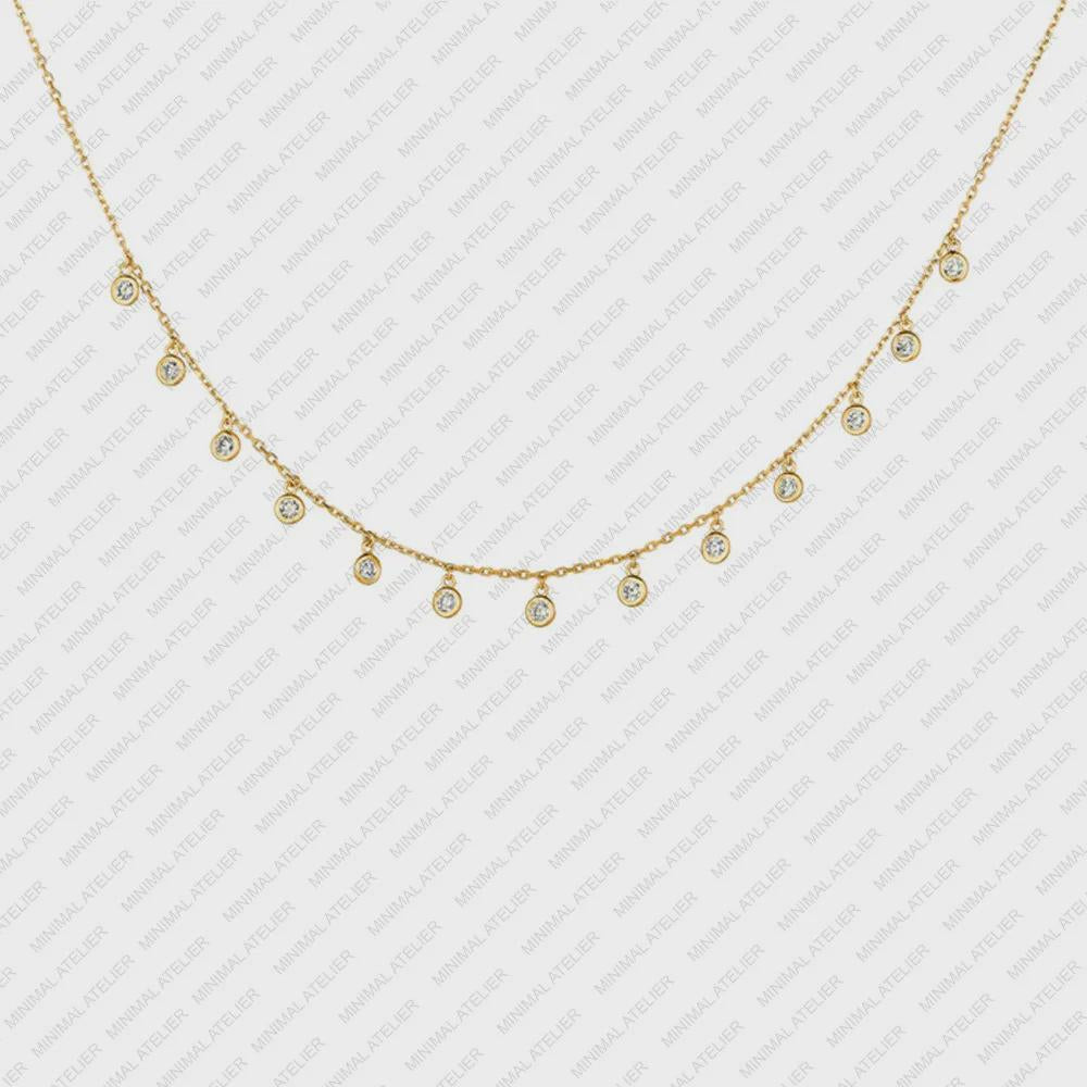 0.75Ct Lab Grown Diamond Brilliant round 13 Drop Bezel with Chain Necklace Solid 14K Gold Moissanite Station Necklace, Handmade Jewelry