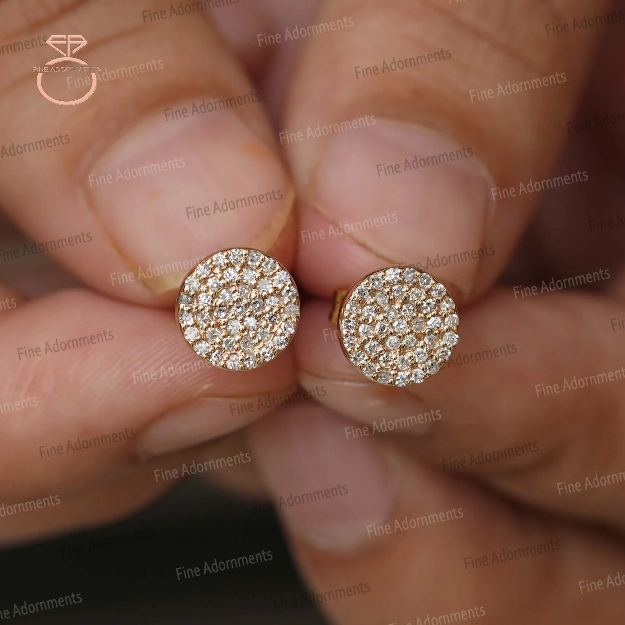 Pave Diamond 8MM Disc round Stud Earrings Solid 14K Yellow Gold Fine Jewelry Gift for Her Minimalist Earrings Pushback Jewelry New