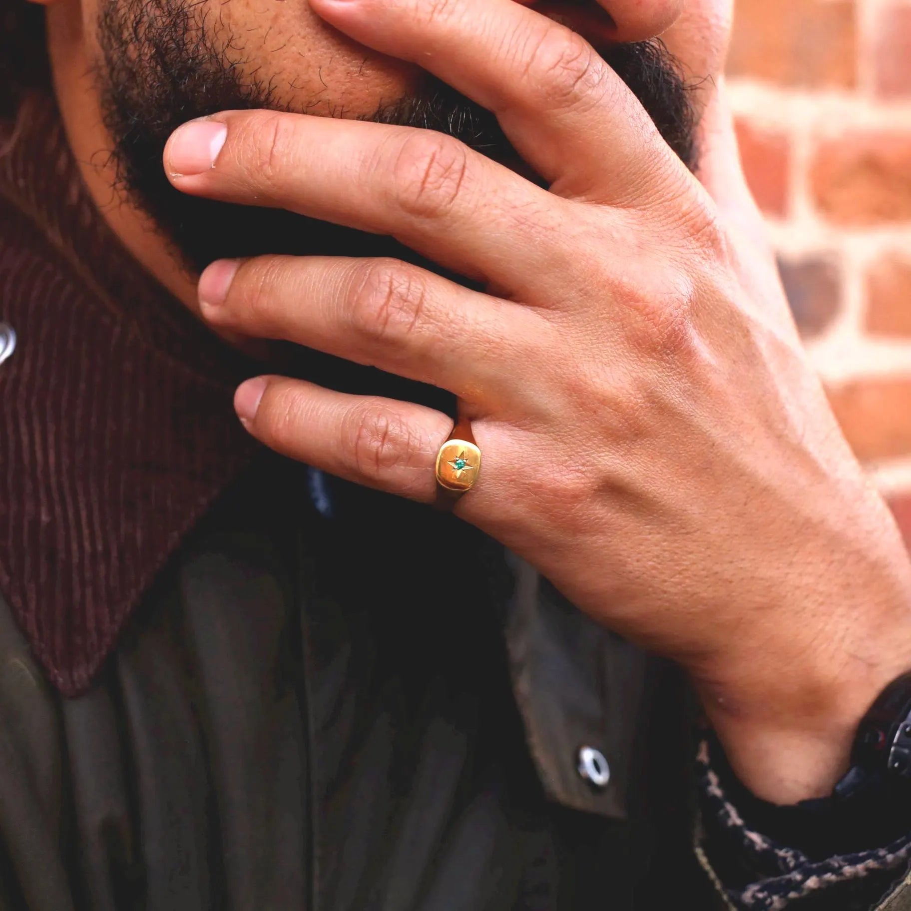 Emerald Star Signet Ring/Nara/Sterling Silver & Gold Vermeil