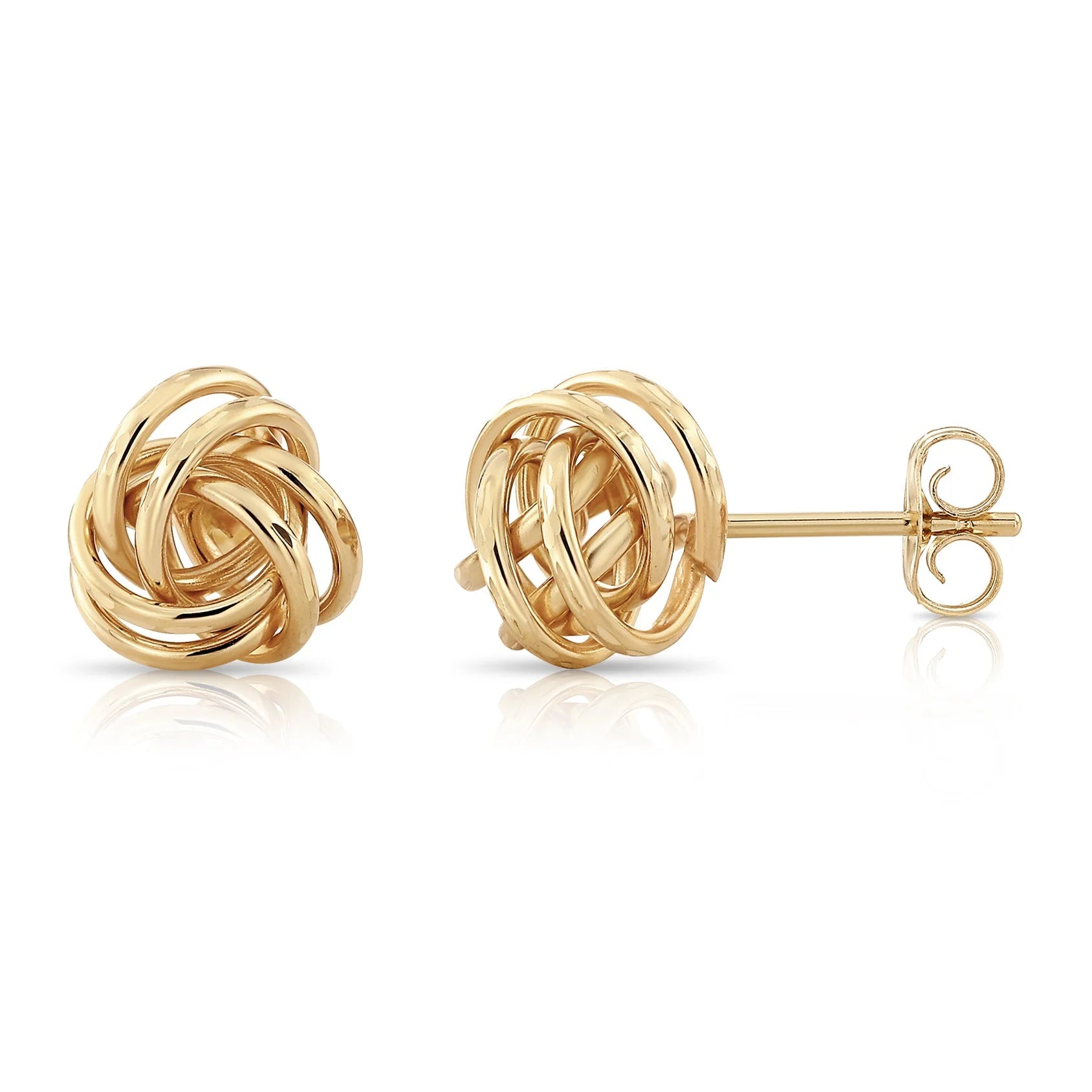 14K Gold Love Knot Stud Earrings with Hand Engraved Diamond Cuts, 9Mm, Pushback Studs